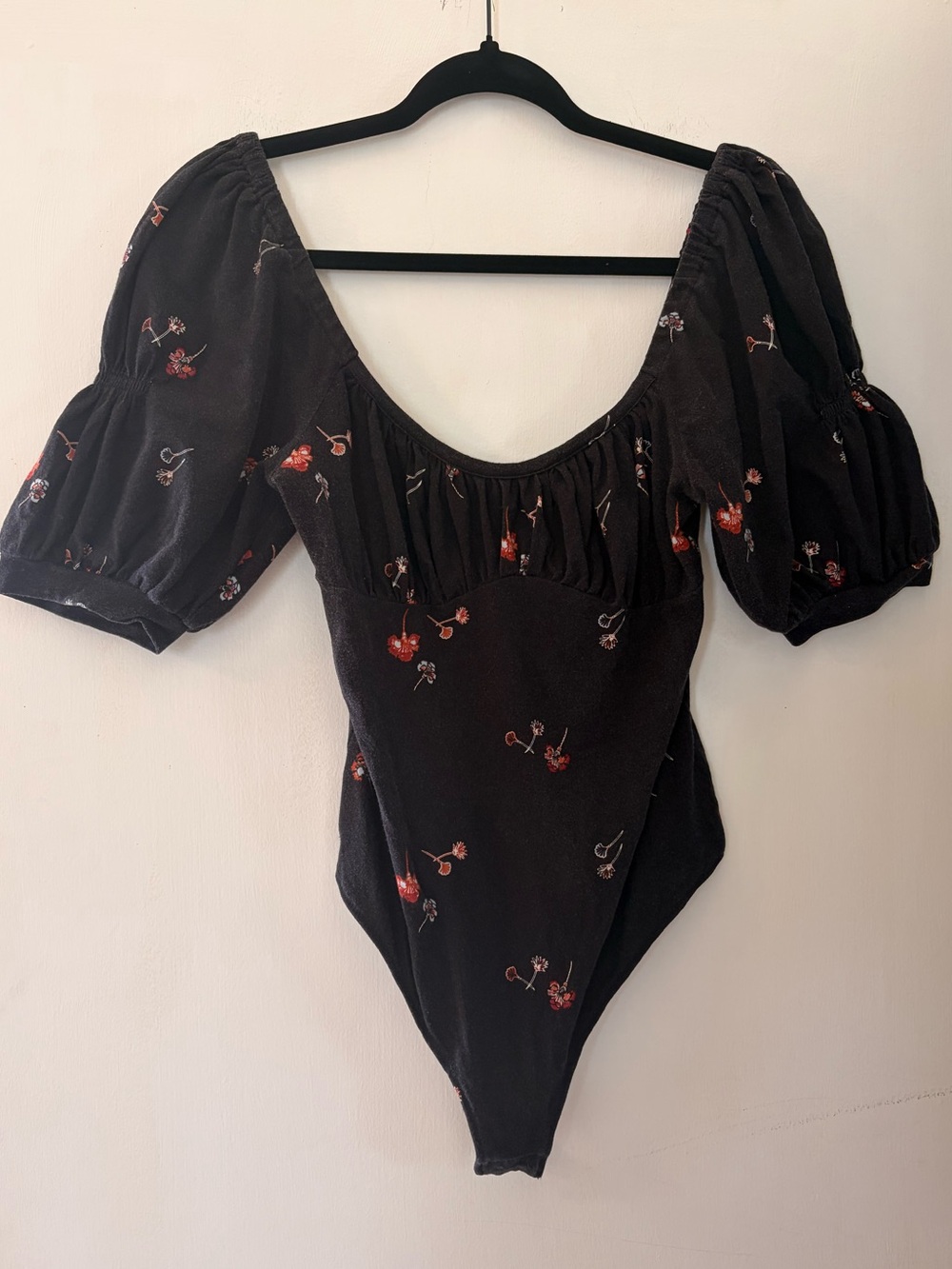 Intimately by Free People Black Floral Puff-Sleeve Bodysuit Small